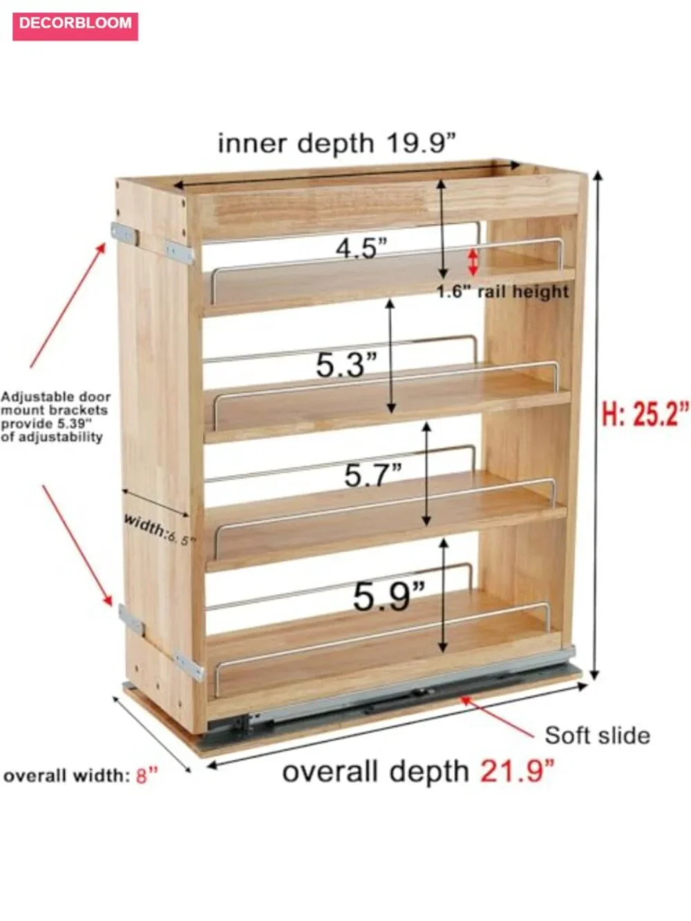 Wood Pull Out Spice Rack Organizer for Cabinet, Heavy Duty Slide Out Shelf, 100